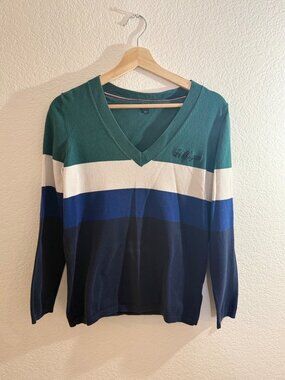 Tommy Hilfiger V-neck Green White Blue Preppy Sweatshirt Size Medium